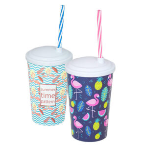 COPO PLÁSTICO COM TAMPA E CANUDO LABEL FLAMINGO - 550ML