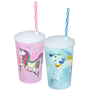 COPO PLÁSTICO COM TAMPA E CANUDO LABEL UNICÓRNIO - 550ML