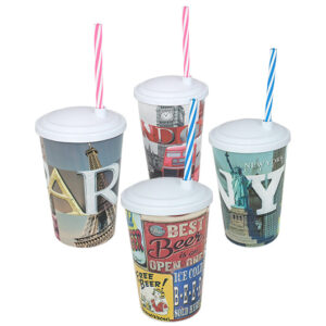 COPO PLÁSTICO COM TAMPA E CANUDO LABEL DIVERSOS - 550ML